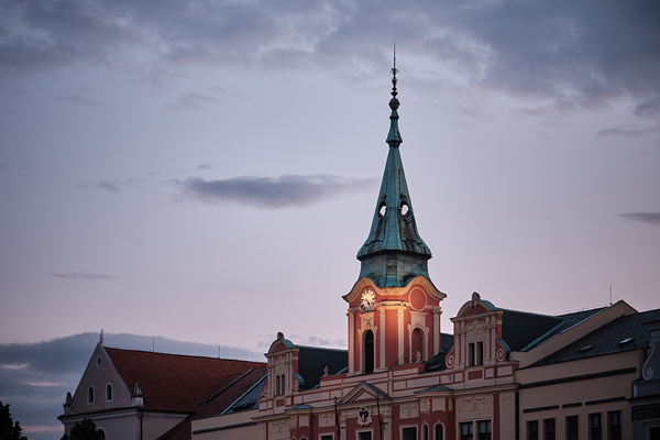 Illuminated tower of the town hall. Melnik.